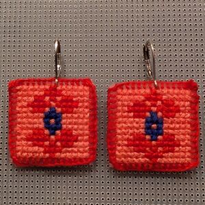 Vibrant Red and Blue Square Earrings with Silver Hooks